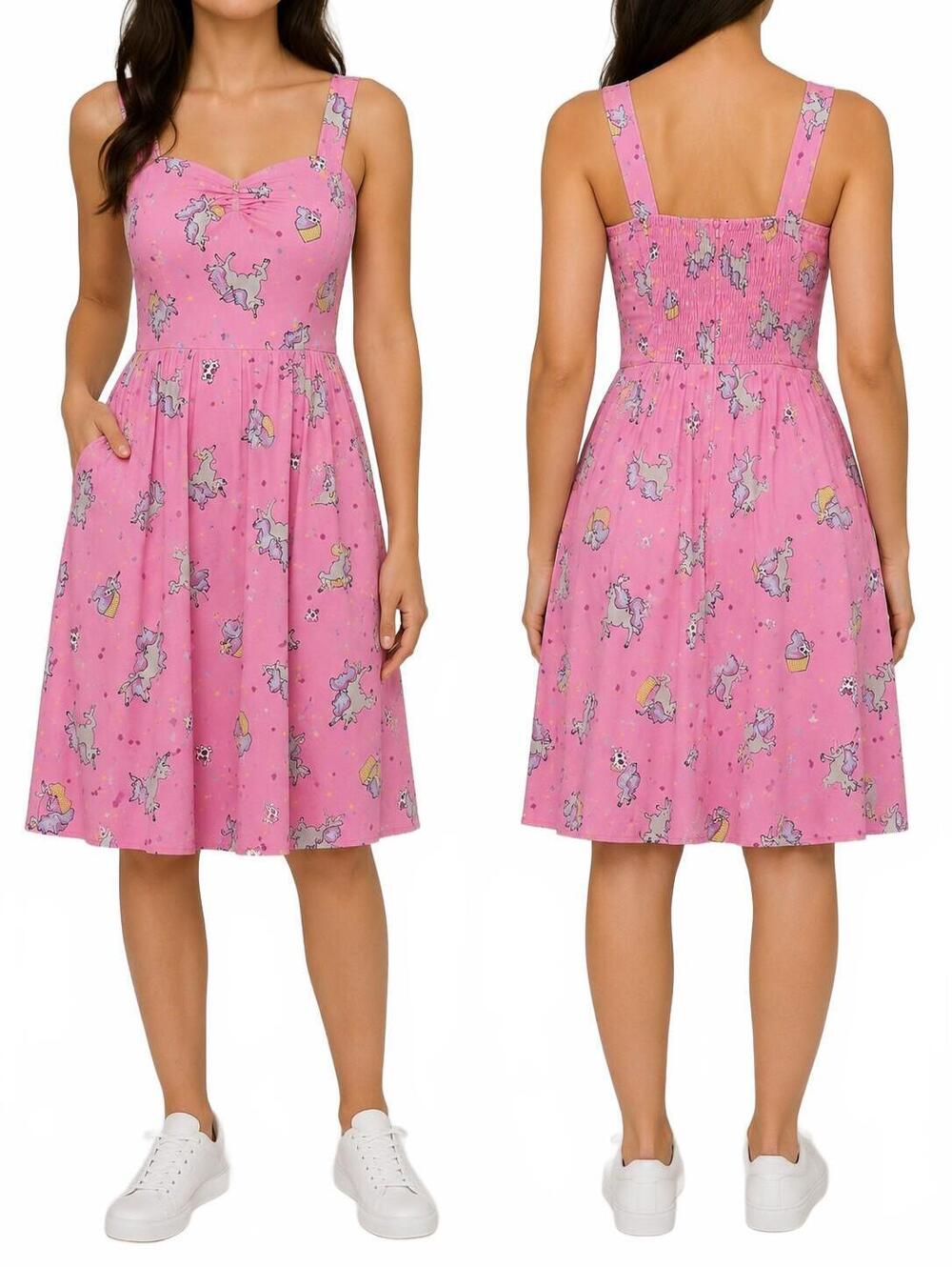 Hell Bunny Women's Unicorn Print Fit & Flare Dress, Size Xs. Adorable Pink Cotto